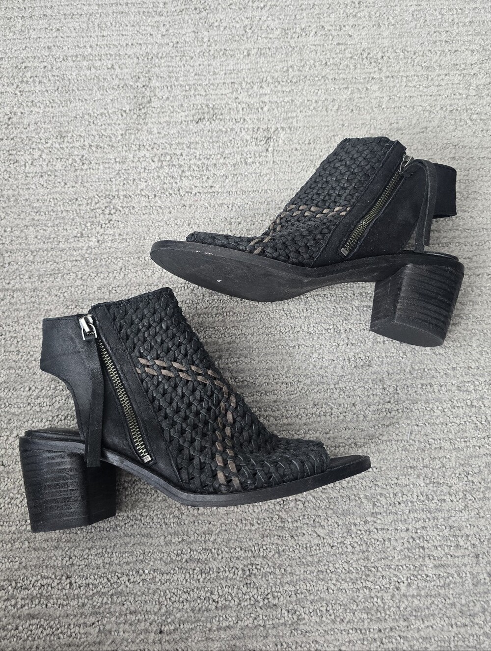Sam Edelman Cooper Woven Leather Peep-Toe Booties Block Heel Double Zipper